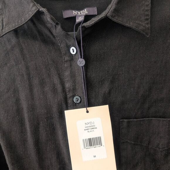 NYDJ Black Linen Belted Shirt Dress 3/4 Sleeve Rolled Cuff Black Size Medium NEW - Picture 5 of 6